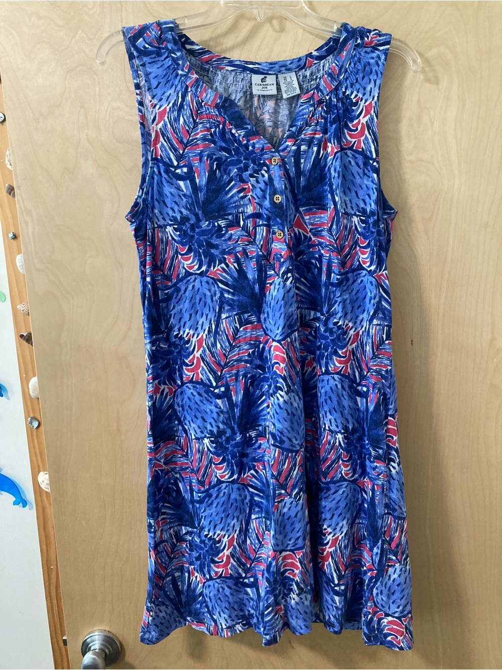 Caribbean Joe Blue and Pink Tropical Pineapple Sleeveless Dress Women’s Sz Large